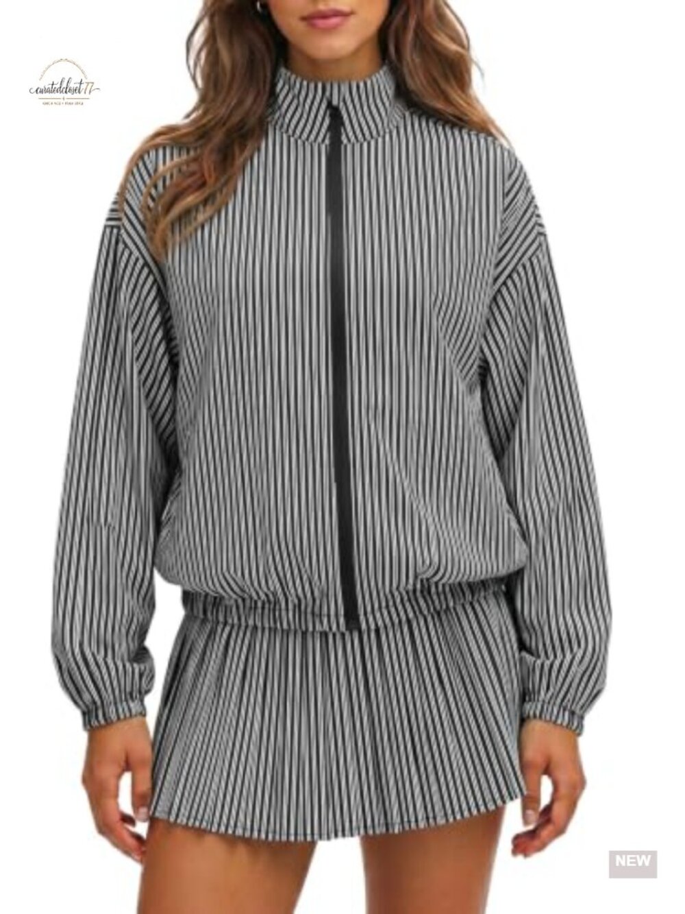 Striped 2 Piece Tennis Outfit Zip Jacket & Pleated Skirt Set